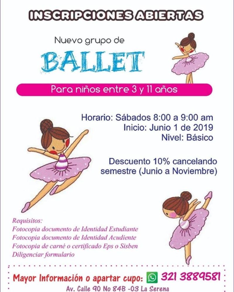Ballet para niños y niñas en Engativá La Corporación Artística Baruj abre las inscripciones al grupo de Ballet para niños y niñas entre los 3 y 11 años de edad los días sábado de 8:00 am a 9:00 am con inicio de clases el sábado 1 de junio.  Información:  3213889581 /Av Calle 90  # 84 B - 03 La serena