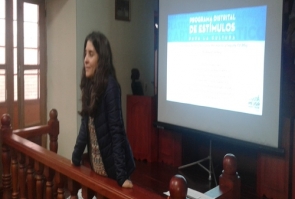 Funcionaria de la SCRD  exponiendo el portafolio