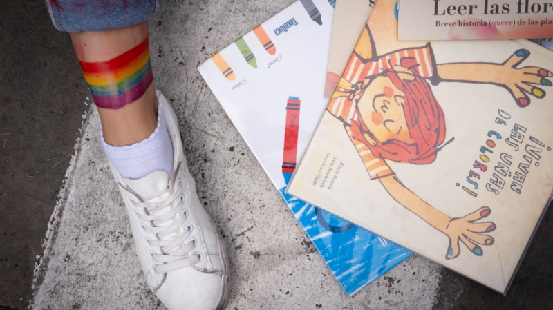 Pie con bandera lgbtiq+ y libros