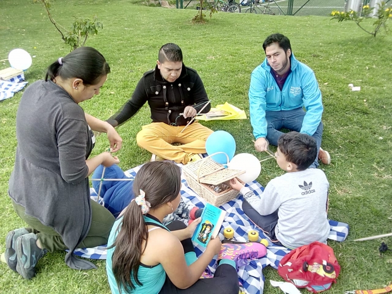 Familia en picnic con libros y cometas acomapañados de referente institucional